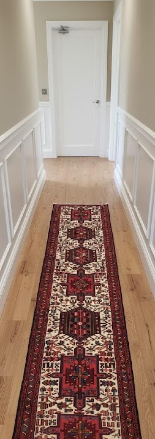 Vintage Cream Geometric 3'4X14'6 Karajeh Persian Runner Rug