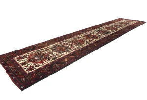 Vintage Cream Geometric 3'4X14'6 Karajeh Persian Runner Rug