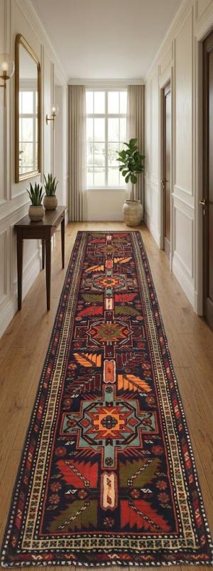Vintage Purple Geometric 2'6X9'7 Ardabil Persian Runner Rug