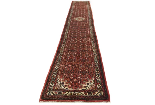 Vintage Bittersweet Red Geometric 2'8X16'4 Hamedan Persian Runner Rug
