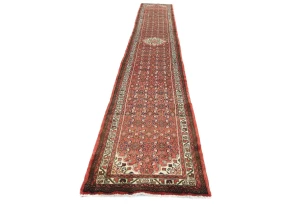 Vintage Bittersweet Red Geometric 2'8X16'4 Hamedan Persian Runner Rug