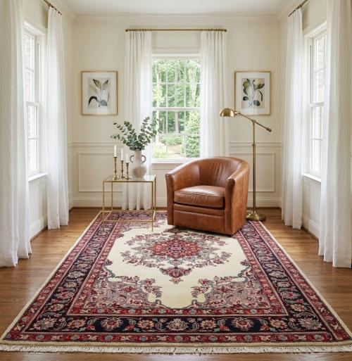 Semi Antique Cream Traditional 4'8X6'2 Mashad Persian Rug