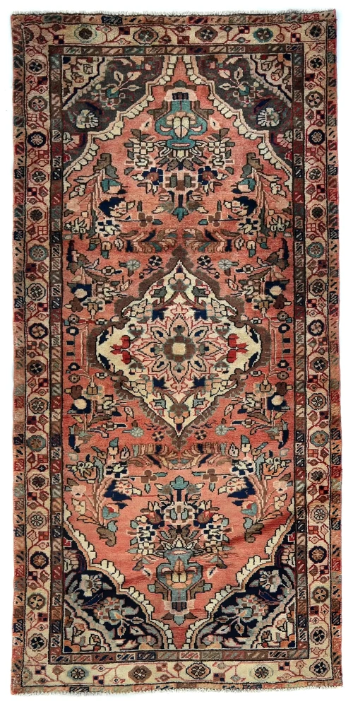 Vintage Light Salmon Floral Tribal 3'4X7'1 Hamedan Persian Rug