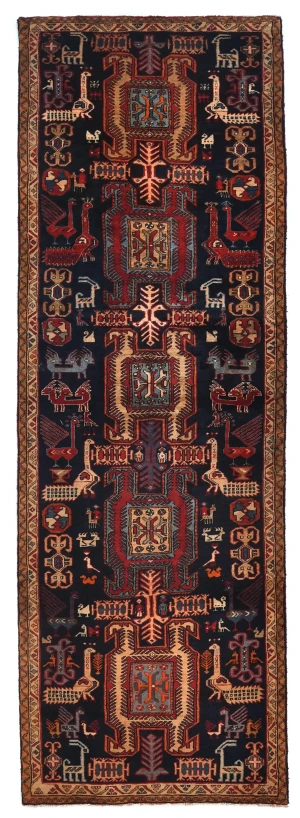 Vintage Purple-navy Tribal Pictorial 3X10 Meshkin Persian Runner Rug