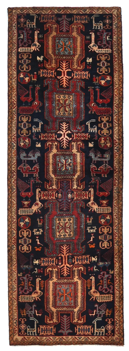 Vintage Purple-navy Tribal Pictorial 3X10 Meshkin Persian Runner Rug