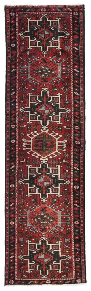 Vintage Red Geometric 3X9 Karajeh Persian Runner Rug