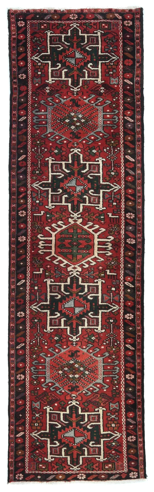 Vintage Red Geometric 3X9 Karajeh Persian Runner Rug