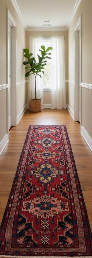 Vintage Red Tribal 3'7X9'10 Hamedan Persian Runner Rug