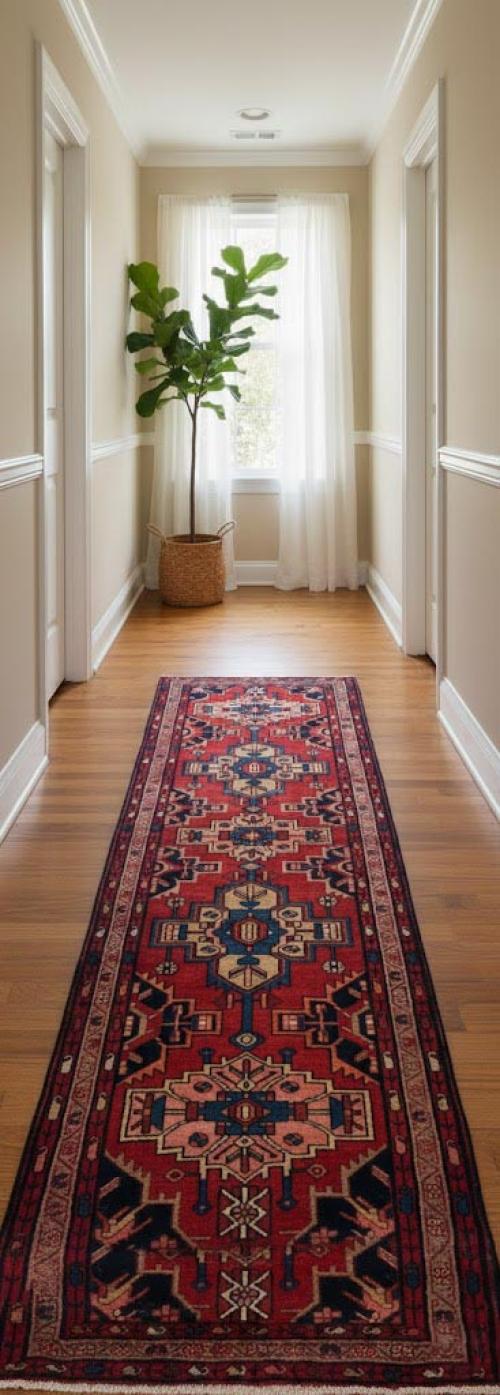 Vintage Red Tribal 3'7X9'10 Hamedan Persian Runner Rug