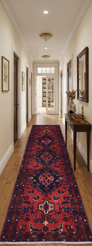 Vintage Red Floral Tribal 3'6X10'2 Hamedan Persian Runner Rug