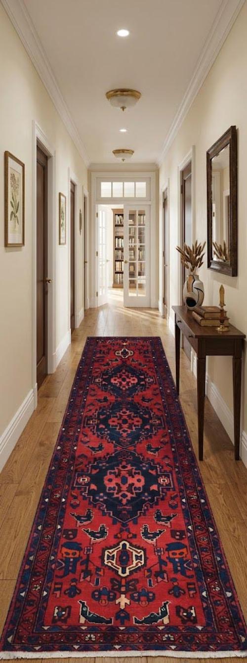 Vintage Red Floral Tribal 3'6X10'2 Hamedan Persian Runner Rug