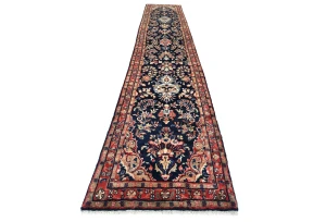 Vintage Navy Blue Floral Tribal 3X15 Hamedan Persian Runner Rug