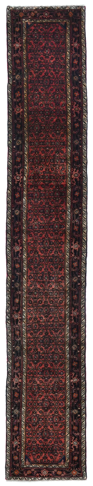 Vintage Coral Red Floral Tribal 3X16 Hamedan Persian Runner Rug