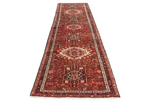 Vintage Red Geometric 3X11 Karajeh Persian Runner Rug
