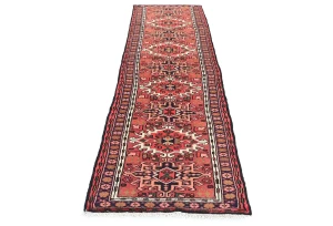 Vintage Red Geometric 3X9 Karajeh Persian Runner Rug