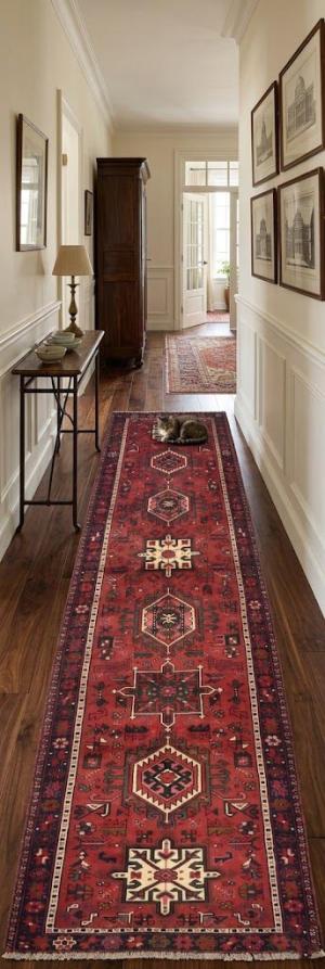 Vintage Red Geometric Tribal 3X10 Karajeh Persian Runner Rug