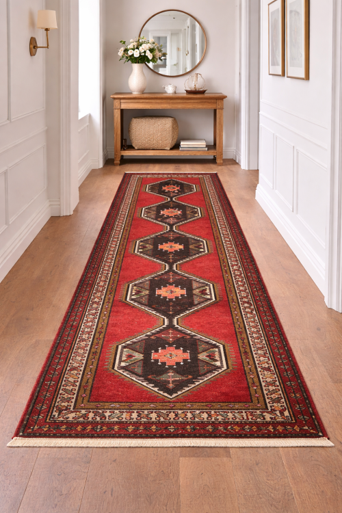 Vintage Plum Geometric Tribal 4X13 Hamedan Persian Runner Rug