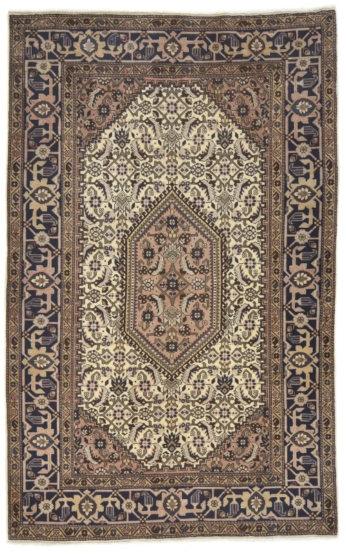 Vintage Cream Tribal Geometric 5X7 Tabriz Persian Rug