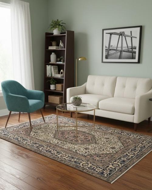 Vintage Cream Tribal Geometric 5X7 Tabriz Persian Rug