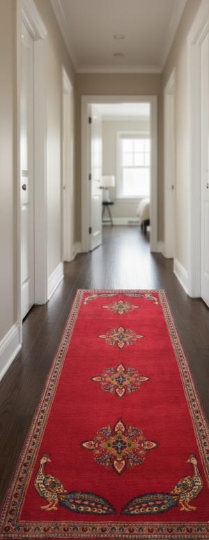 Vintage Red Pictorial Floral 3'8X8'6 Kashan Persian Rug