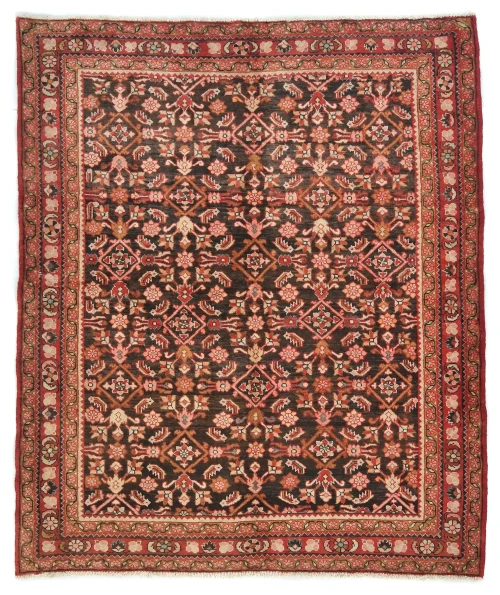 Vintage Dark Brown Floral Tribal 5'8X6'8 Hossainabad Persian Rug