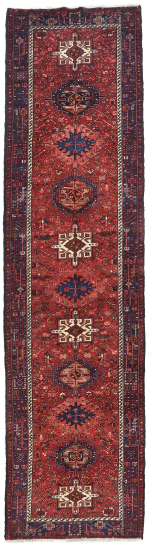 Vintage Red Geometric 3X14 Karajeh Persian Runner Rug