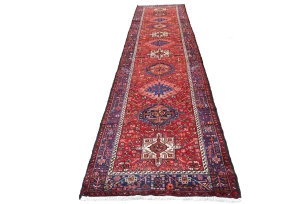 Vintage Red Geometric 3X14 Karajeh Persian Runner Rug
