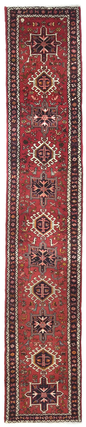 Vintage Red Geometric 2X12 Karajeh Persian Runner Rug