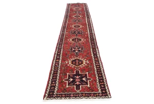 Vintage Red Geometric 2X12 Karajeh Persian Runner Rug