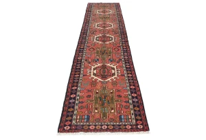 Vintage Bittersweet Red Geometric 3X12 Karajeh Persian Runner Rug