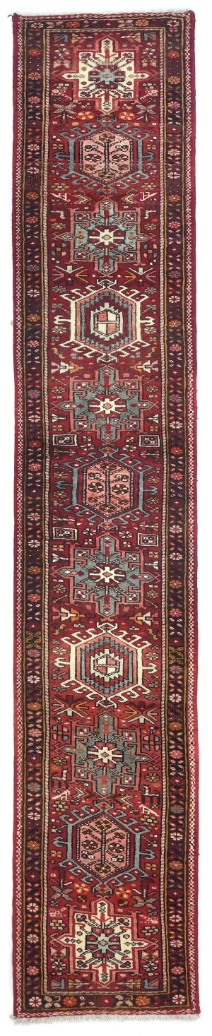 Vintage Red Geometric 2X13 Karajeh Persian Runner Rug
