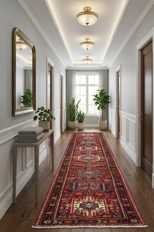 Vintage Red Geometric 2X13 Karajeh Persian Runner Rug