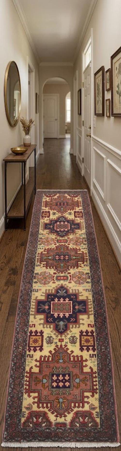 Vintage Cream Geometric 2'5X9'5 Ardabil Persian Runner Rug