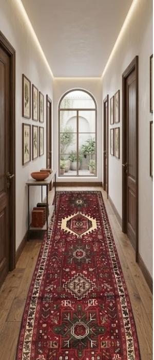 Vintage Red Geometric 3X8 Karajeh Persian Runner Rug