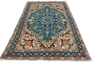 Vintage Blue Floral Traditional 4'7X7'6 Heriz Ardebil Persian Rug