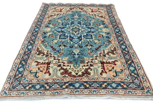 Vintage Blue Floral Traditional 4'7X7'6 Heriz Ardebil Persian Rug