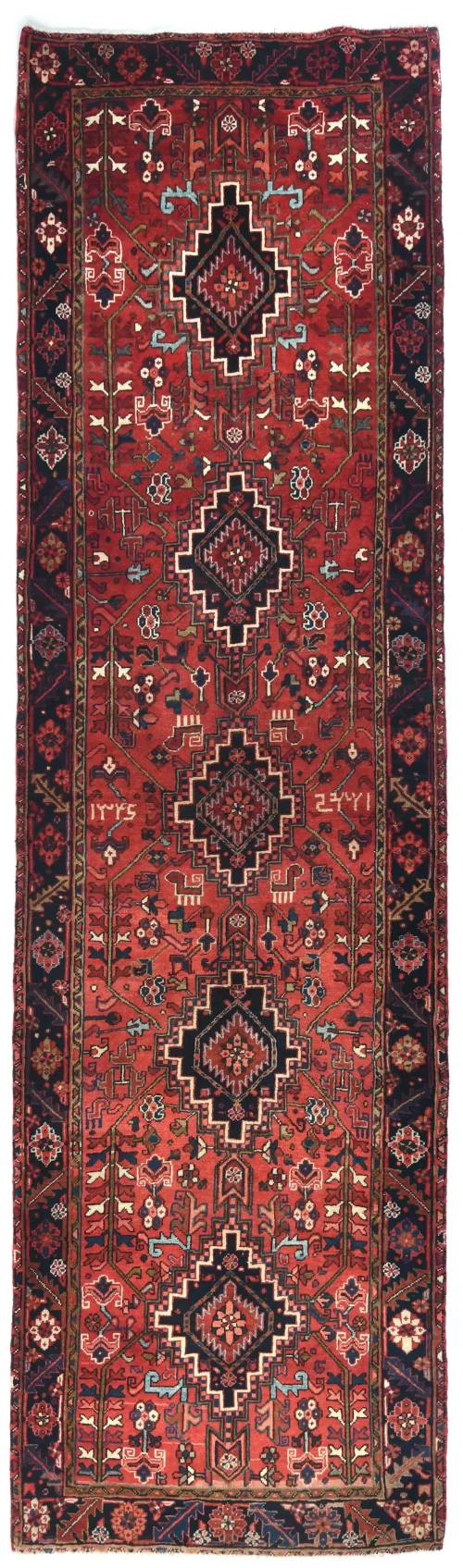 Vintage Red Geometric 3'8X11'5 Karajeh Persian Runner Rug