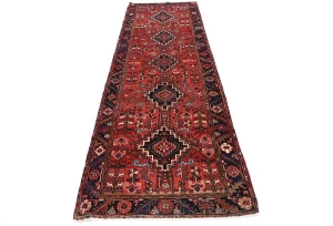Vintage Red Geometric 3'8X11'5 Karajeh Persian Runner Rug