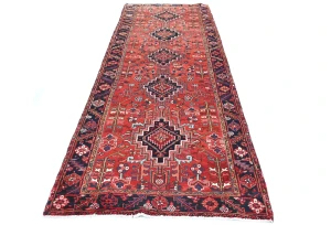 Vintage Red Geometric 3'8X11'5 Karajeh Persian Runner Rug