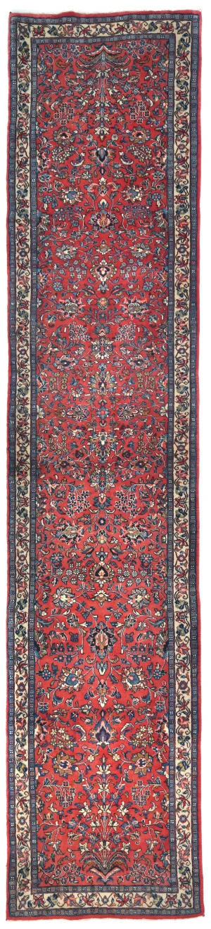 Vintage Red Floral 3X13 Sarough Persian Runner Rug