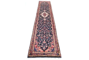 Vintage Dark Purple-navy Tribal 3X13 Hamedan Persian Runner Rug