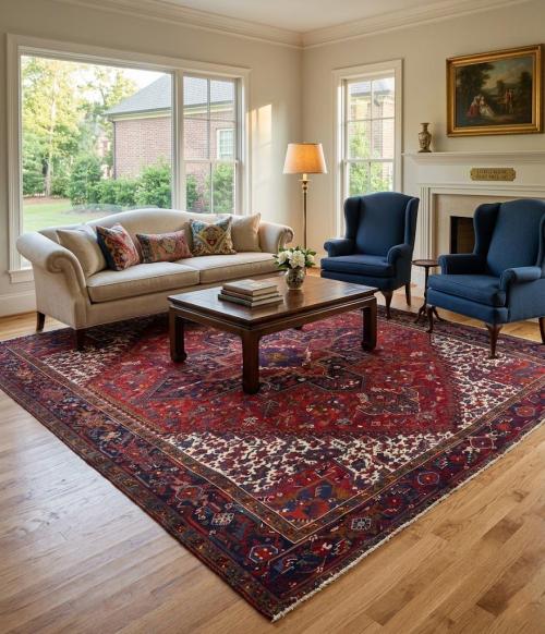 Vintage Red Floral 9'5 X 11 Heriz Persian Rug