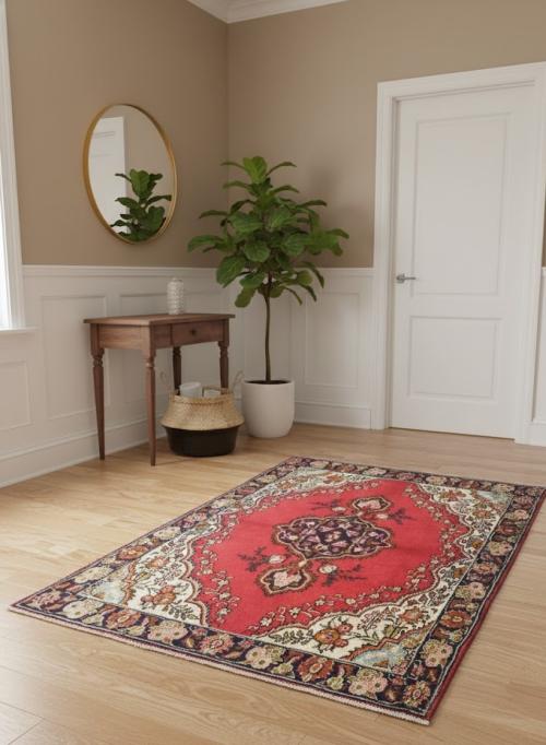 Vintage Red Floral Traditional 3'7X5 Tabriz Persian Rug