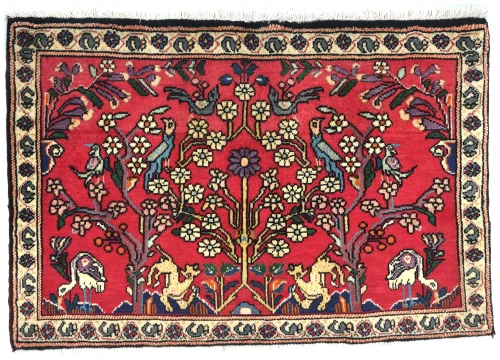 Vintage Red Pictorial 2X3 Hamedan Persian Rug