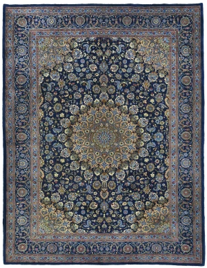 Vintage Dark Navy Floral Traditional 10X13 Kashmar Persian Rug