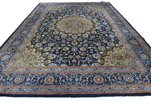 Vintage Dark Navy Floral Traditional 10X13 Kashmar Persian Rug