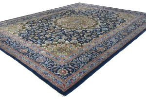 Vintage Dark Navy Floral Traditional 10X13 Kashmar Persian Rug