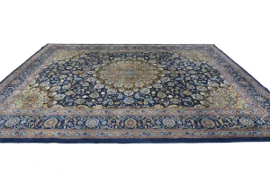 Vintage Dark Navy Floral Traditional 10X13 Kashmar Persian Rug