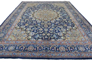 Vintage Dark Navy Floral Traditional 10X13 Kashmar Persian Rug