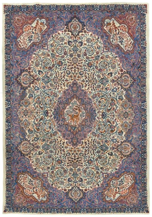 Vintage Cream Pictorial Traditional 8X11 Kashmar Persian Rug